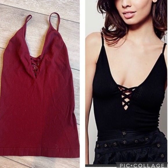 Free people maroon stretchy ribbed cross cross tank top size xs/s - Picture 1 of 6